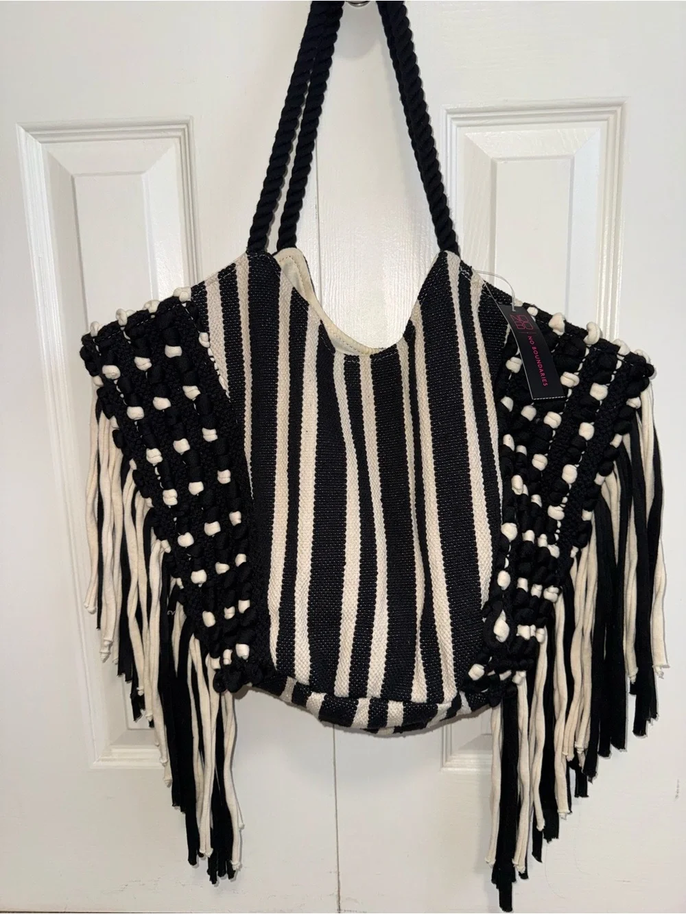 NWT- no boundaries ,Striped Fringe Tote Bag - Black & Cream w/ 2 inside pockets.